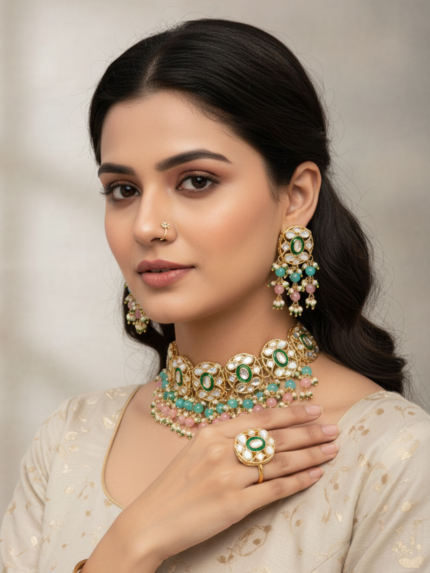 Pink and Green Beads with Kundan Set