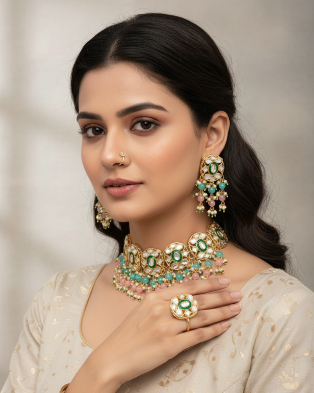 Pink and Green Beads with Kundan Set